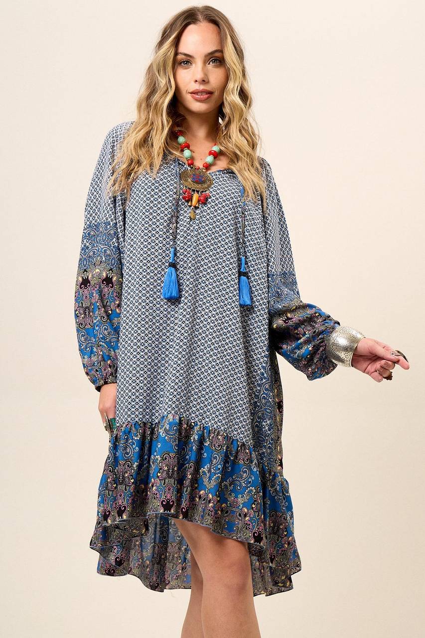 Yacamim Blue Patchwork Short Dress with Puffy Long Sleeves