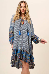 Yacamim Blue Patchwork Short Dress with Puffy Long Sleeves