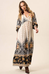 Yacamim Beige Printed Long Dress with Puffy Sleeves