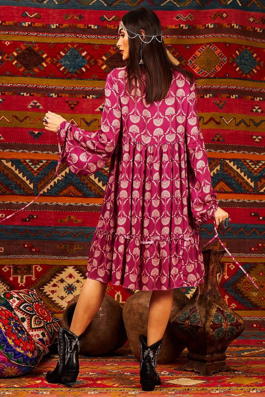 Loose Short Dress with V-neck Purple Printed Yacamim
