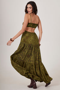 Yacamim C15 Moss Green Paisley Print Long Strappy Dress