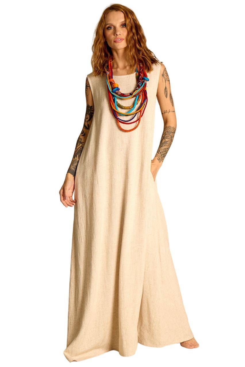 Yacamim Women's Long Linen Tank Dress Beige E2