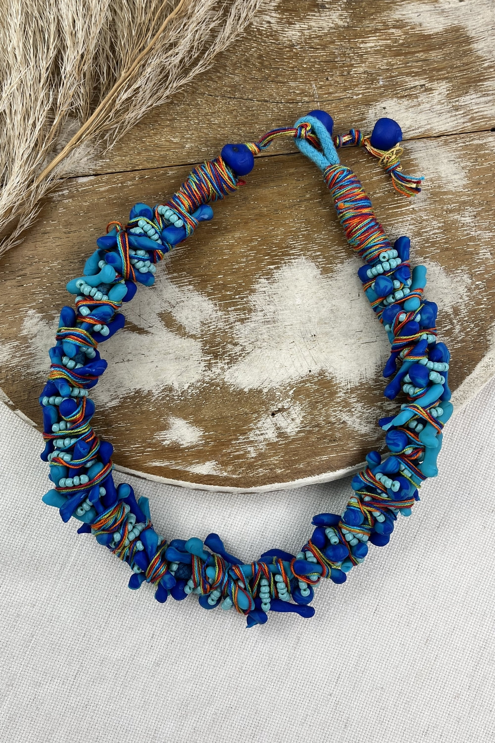 Handmade Rope Necklace with Blue Clay Beads Yacamim #85