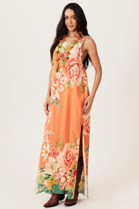 Yacamim D19 Orange Printed Long Dress with Adjustable Straps