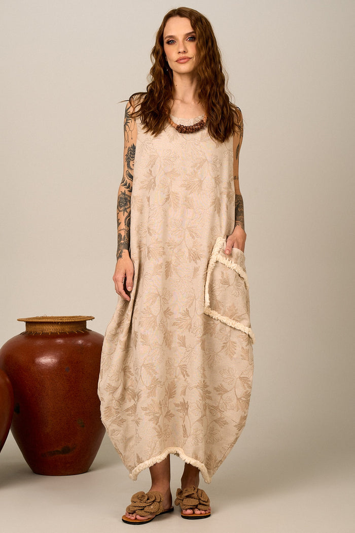 Yacamim Women's D23 Beige Nature Sleeveless Midi Dress