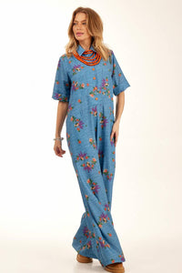 Yacamim Blue Printed Polyester Palazzo Jumpsuit with Short Sleeves