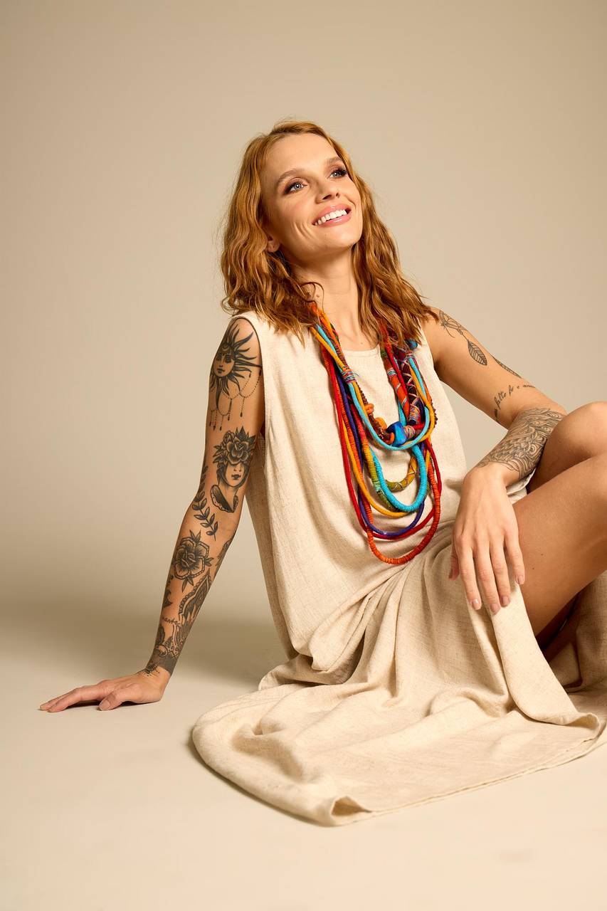 Yacamim Women's Long Linen Tank Dress Beige E2