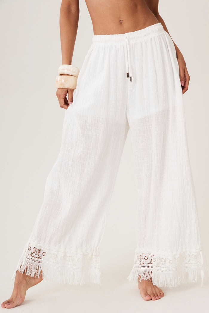 Yacamim White Lined Pants with Lace Trim H4