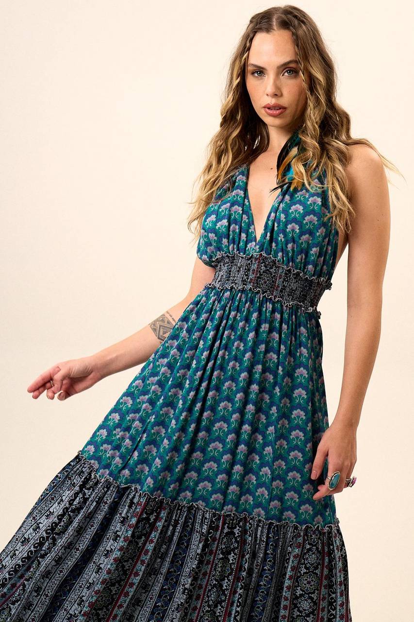 Yacamim D20 Dark Blue Patchwork Long Dress with Halter Neckline and Shirring
