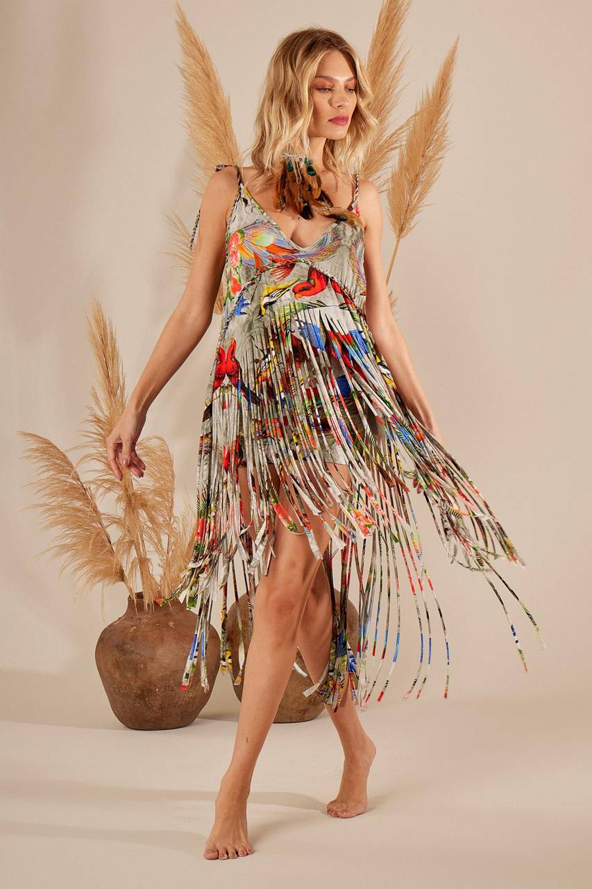 Yacamim F14 Grey Bird Print Fringe Tank Top and Shorts Set