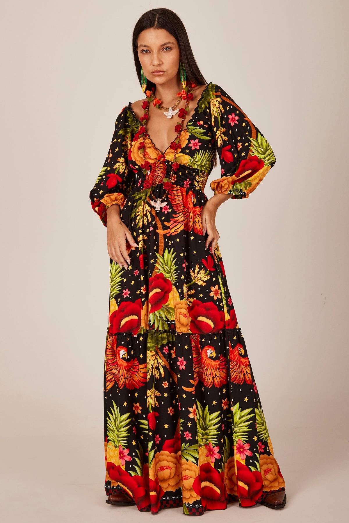 Yacamim E27 Black Printed Long Dress with Smocked Waist