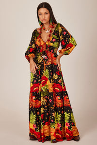 Yacamim E27 Black Printed Long Dress with Smocked Waist