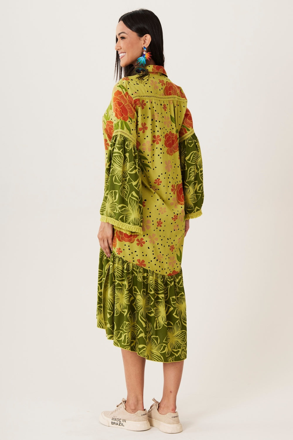 Yacamim N7 Patchwork Green Long Sleeve Midi Shirt