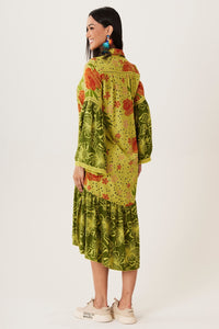 Yacamim N7 Patchwork Green Long Sleeve Midi Shirt