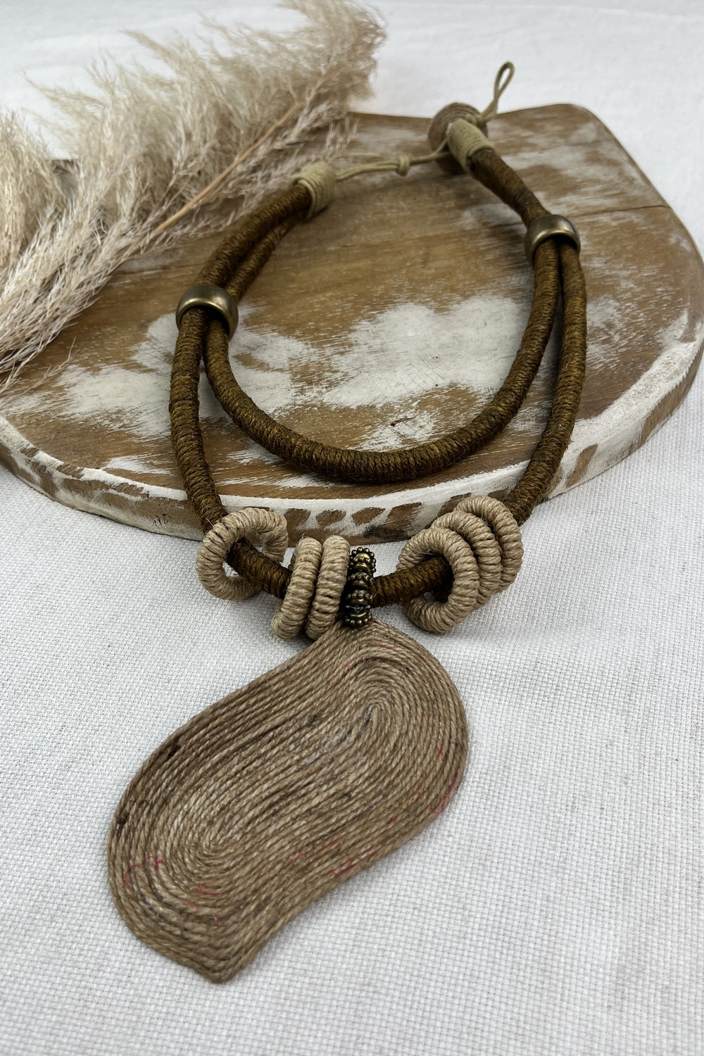 Handmade Necklace with Brown Resin Leaf Pendant Yacamim #78