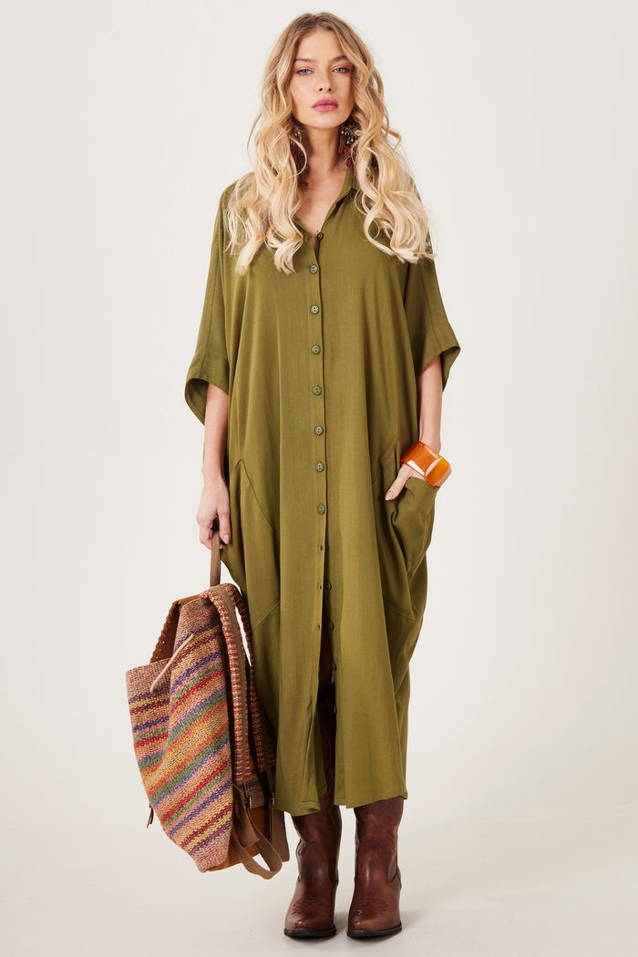 Yacamim 3/4 Sleeve Long Shirtdress Military Green M3 Plain