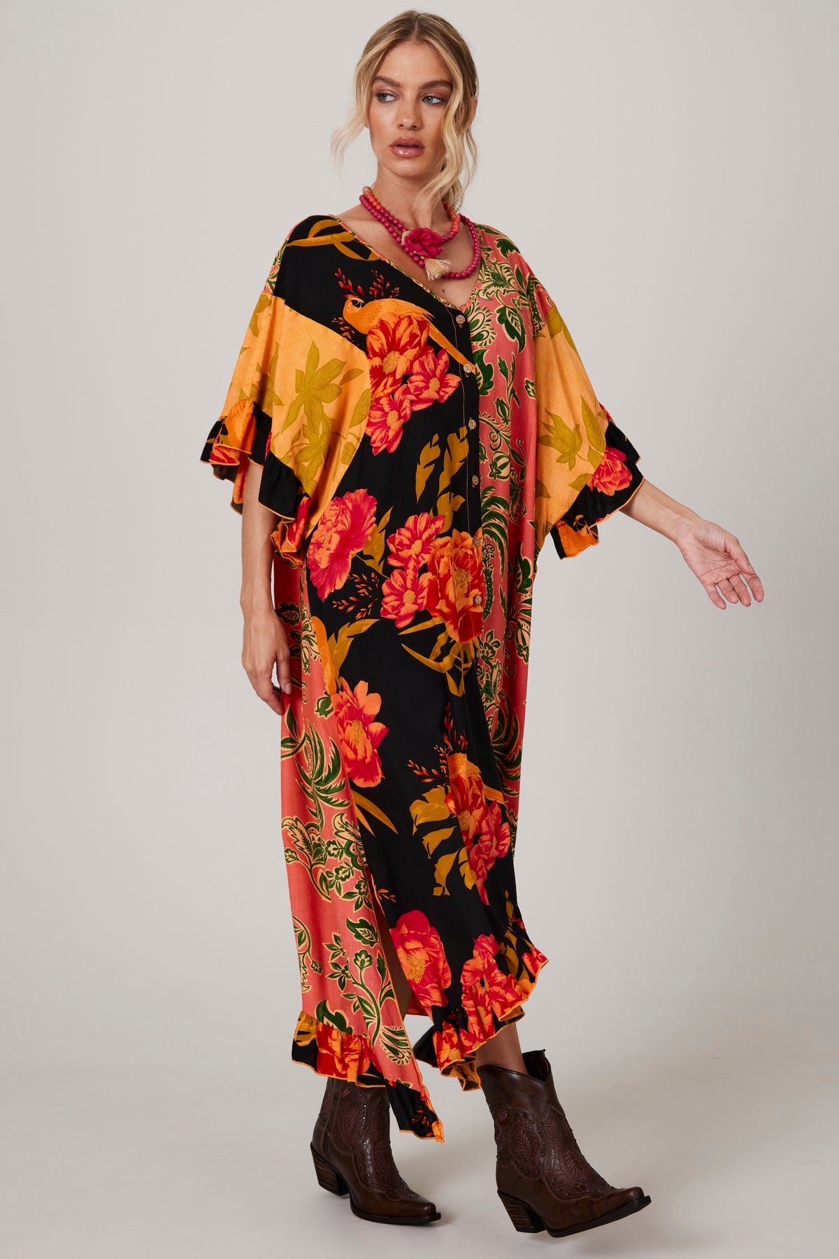 Yacamim J6 Loose Orange Printed Patchwork Kaftan