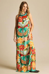 Yacamim Butterfly Print Long Dress with Adjustable Straps E12