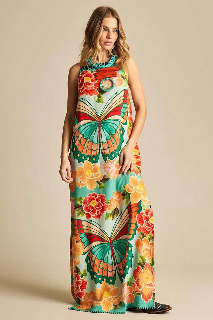 Yacamim Butterfly Print Long Dress with Adjustable Straps E12