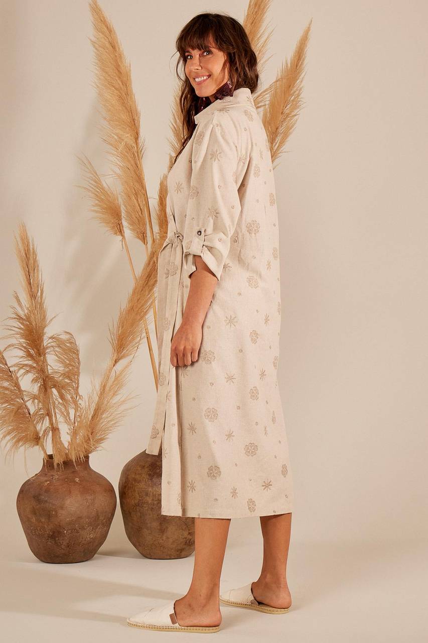 Yacamim D26 Embroidered Beige Wrap Linen Midi Dress