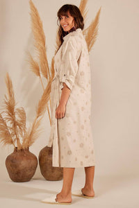 Yacamim D26 Embroidered Beige Wrap Linen Midi Dress