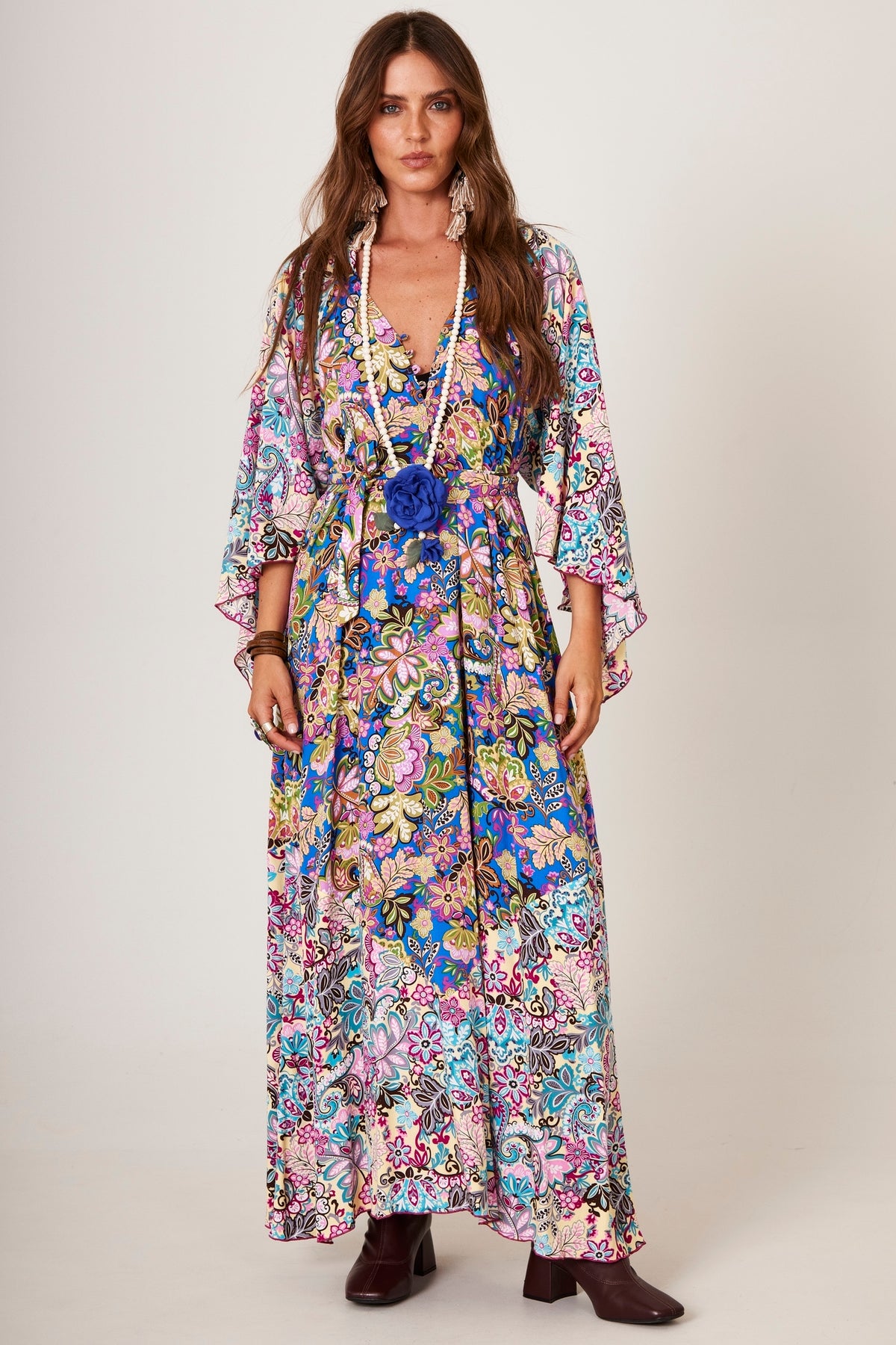 Yacamim D28 Long Blue Patchwork Printed 3/4 Sleeve Dress