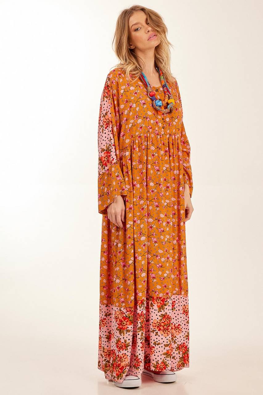Yacamim Orange Patchwork Long-Sleeved Batwing Long Dress