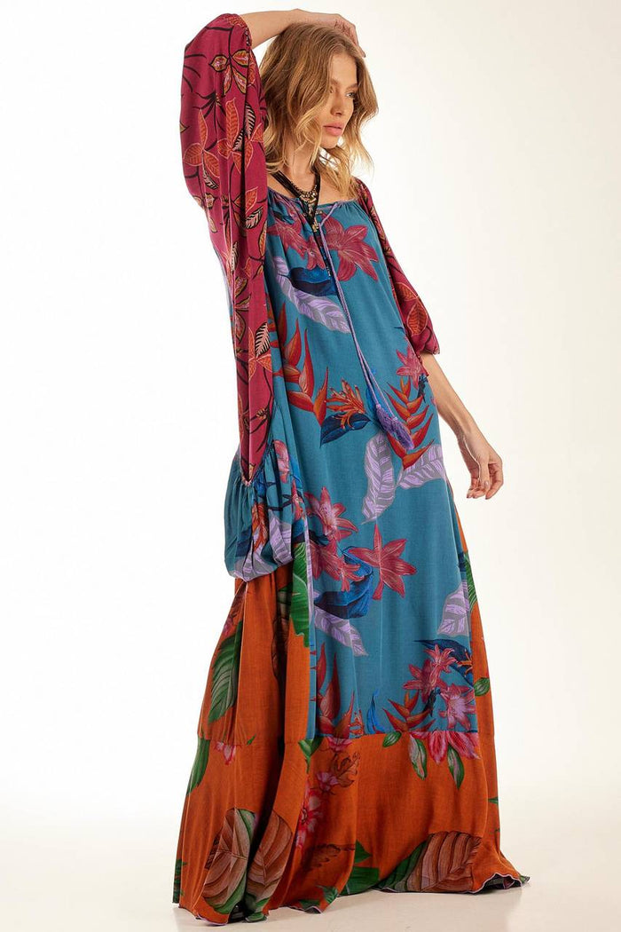 Yacamim Patchwork Print Wide Long Dress With Puffy Sleeves