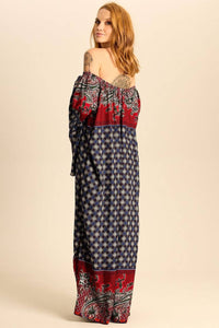 Yacamim Blue and Red Printed Flare Sleeve Off-the-Shoulder Long Dress