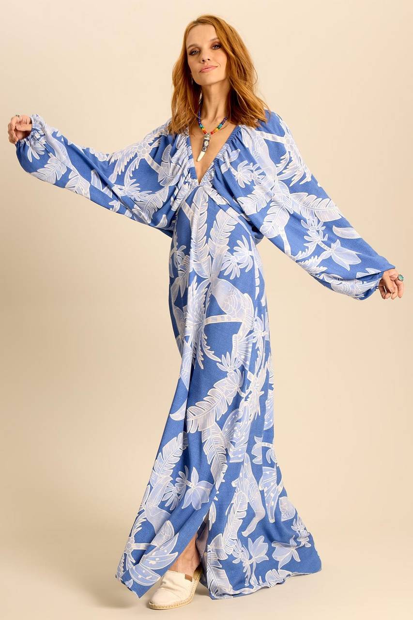Yacamim E12 Blue Feather Print V-Neck Long Dress