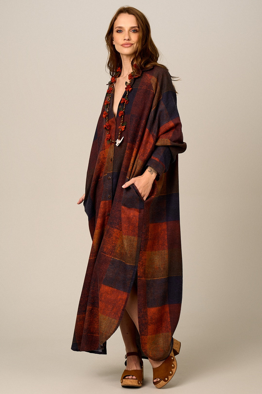 Yacamim N6 Terracotta Plaid Cotton Long Chemise