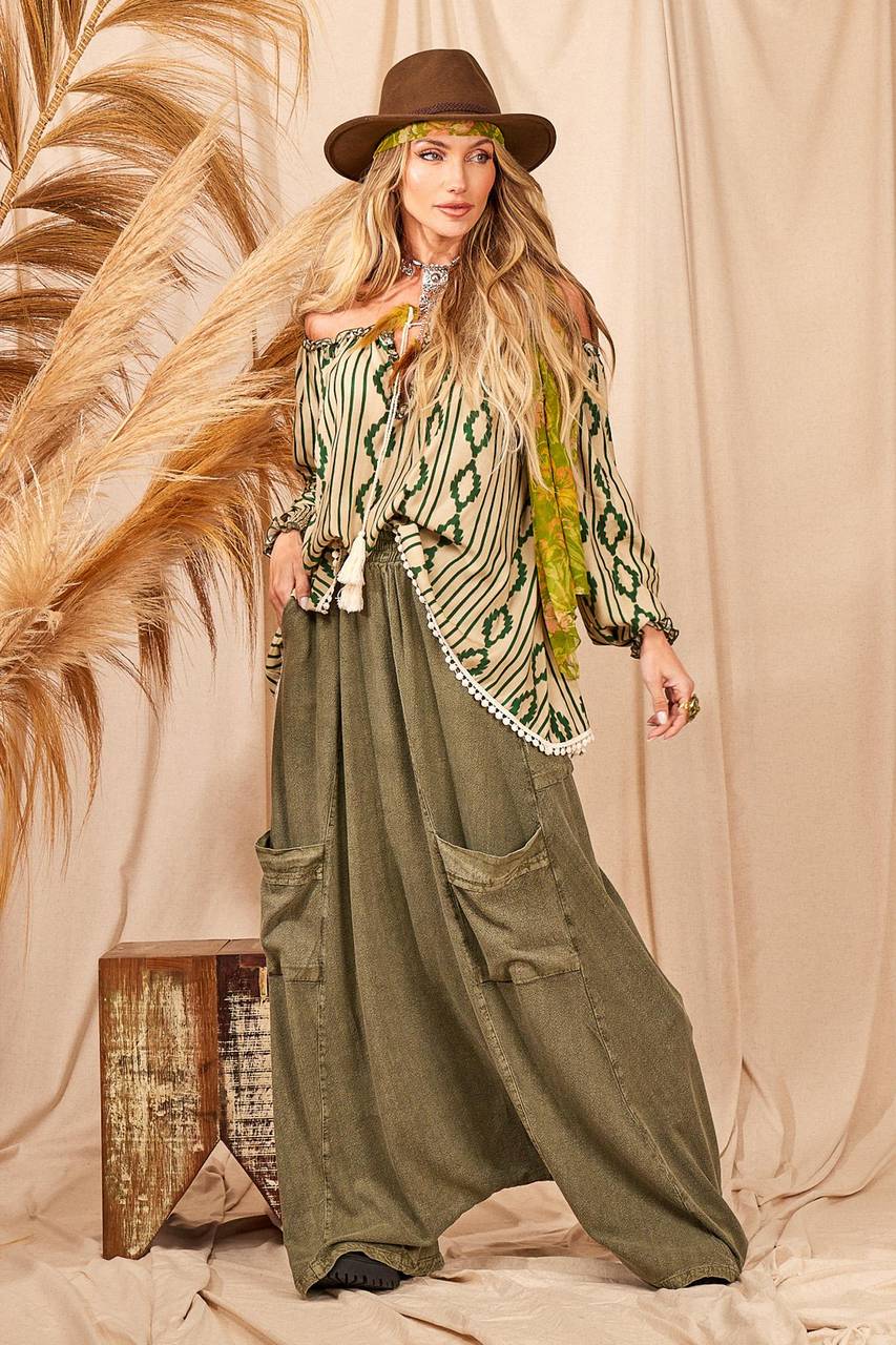 Yacamim H10 Stonewashed Green Harem Pants with Pockets