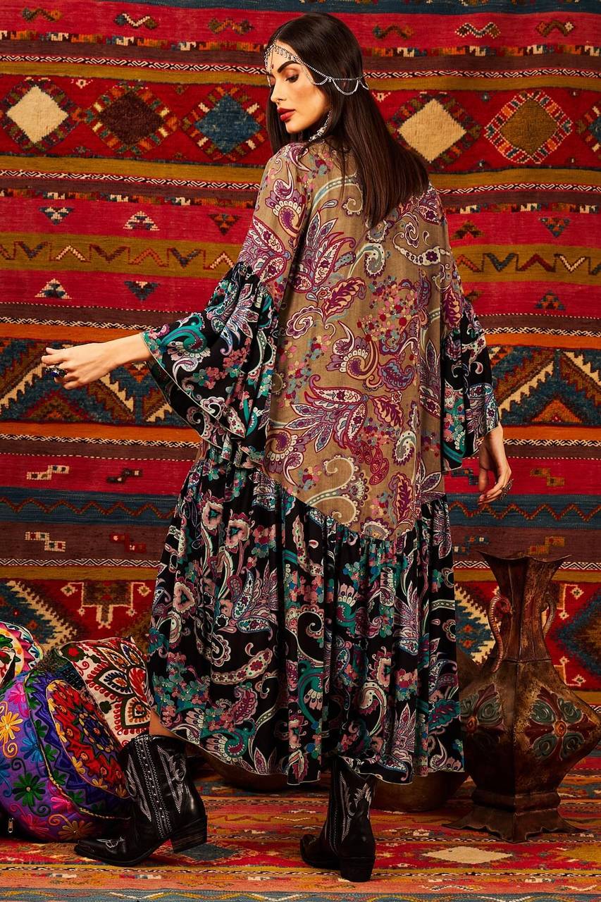 Long Kimono with 3/8 Wide Patchwork Print Sleeves Yacamim M6<br />