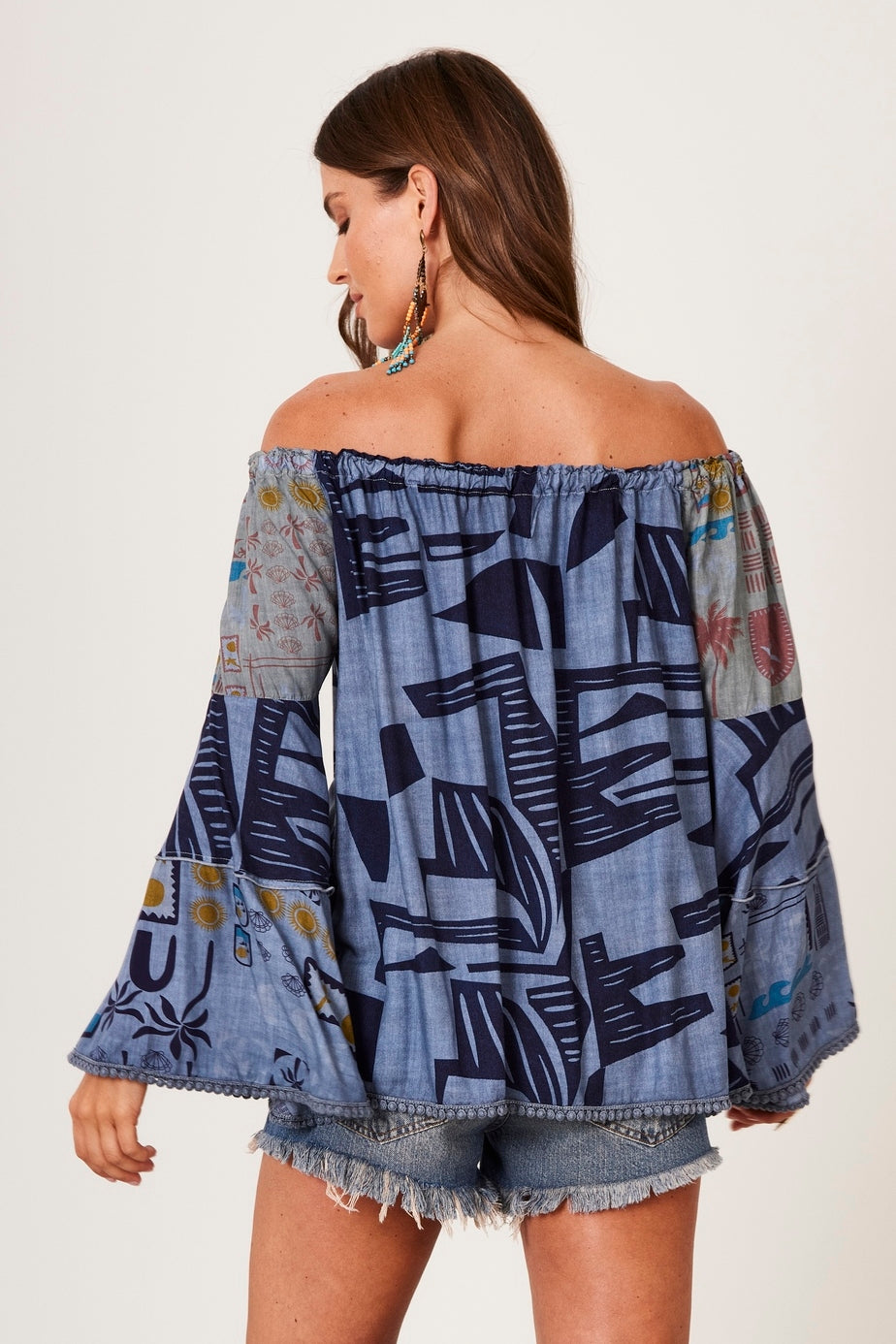 Yacamim Women's Gypsy Blouse with Flared Sleeves Blue Patchwork B21