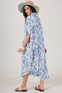 Yacamim N4 Petroleum Blue Printed Midi Shirtdress with Pockets