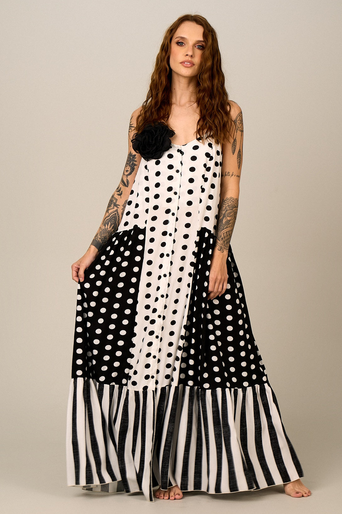 Yacamim D20 Black and White Polka Dot Long Dress with Adjustable Straps