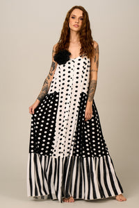 Yacamim D20 Black and White Polka Dot Long Dress with Adjustable Straps