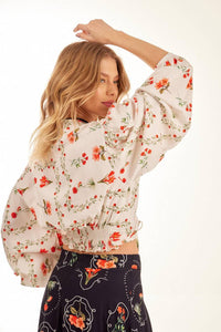 Yacamim Off-White Printed Long Puff Sleeve Wrap Cropped Top