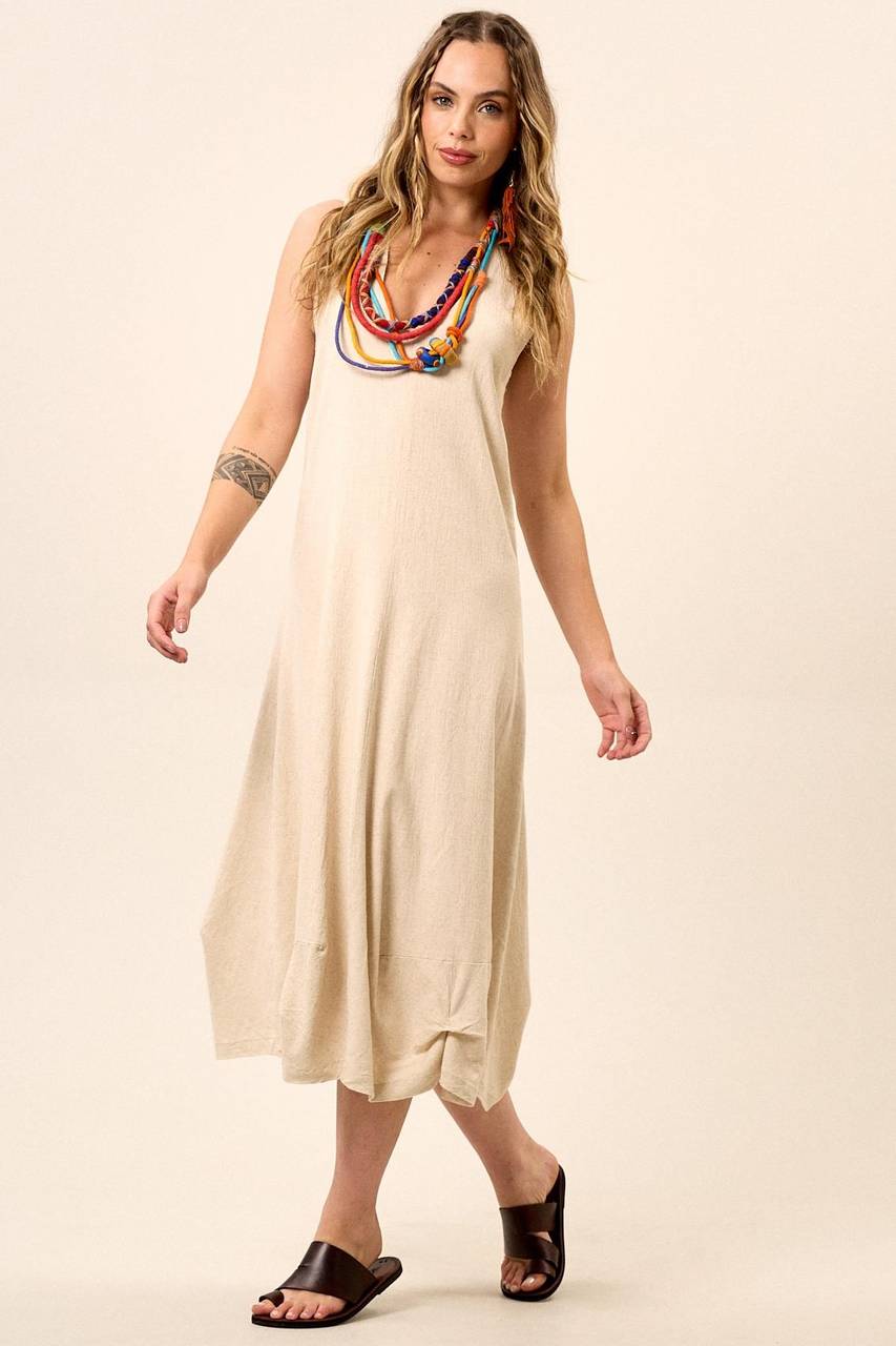 Yacamim Women's Beige Linen Midi Tank Dress with Scalloped Hem C17