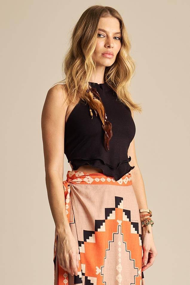 Yacamim A34 Black Back-Tie Scarf Cropped Top