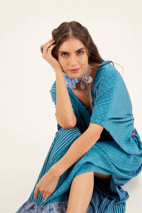 Yacamim Blue Patchwork Off-the-Shoulder V-Neck Maxi Dress