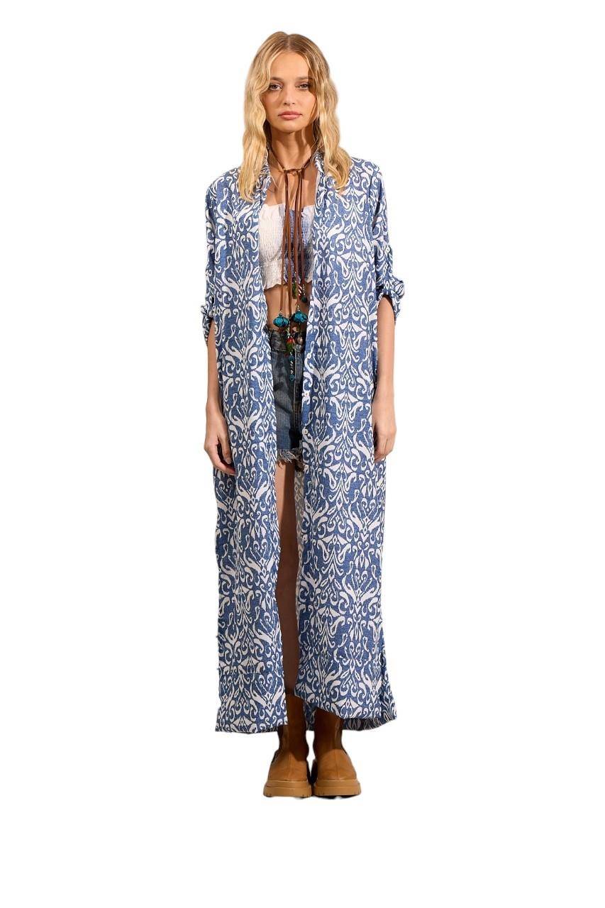 Yacamim N4 Blue Printed Long Shirt Dress with Slits