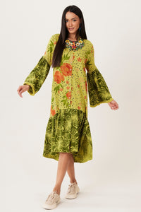 Yacamim N7 Patchwork Green Long Sleeve Midi Shirt