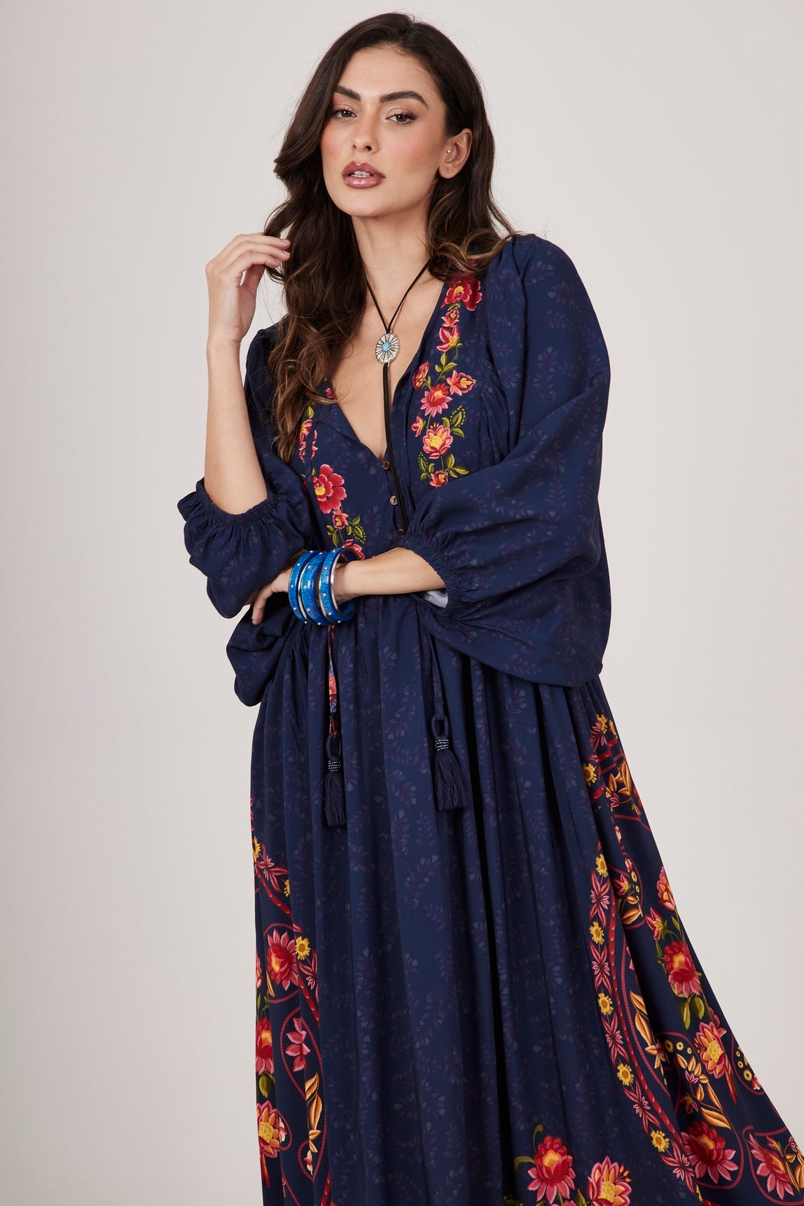 Yacamim C11 Navy Blue Cashmere Print Long Dress