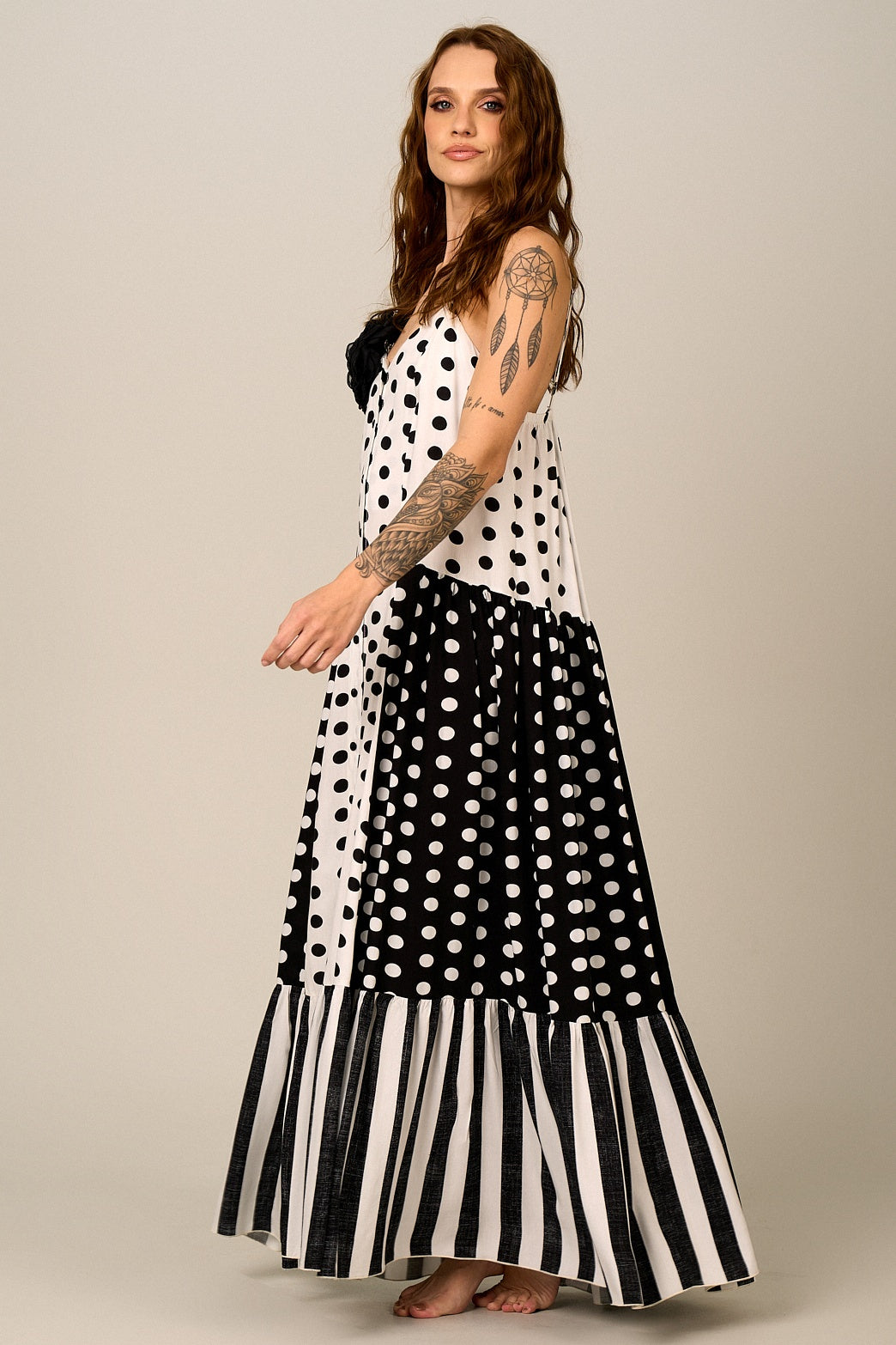 Yacamim D20 Black and White Polka Dot Long Dress with Adjustable Straps