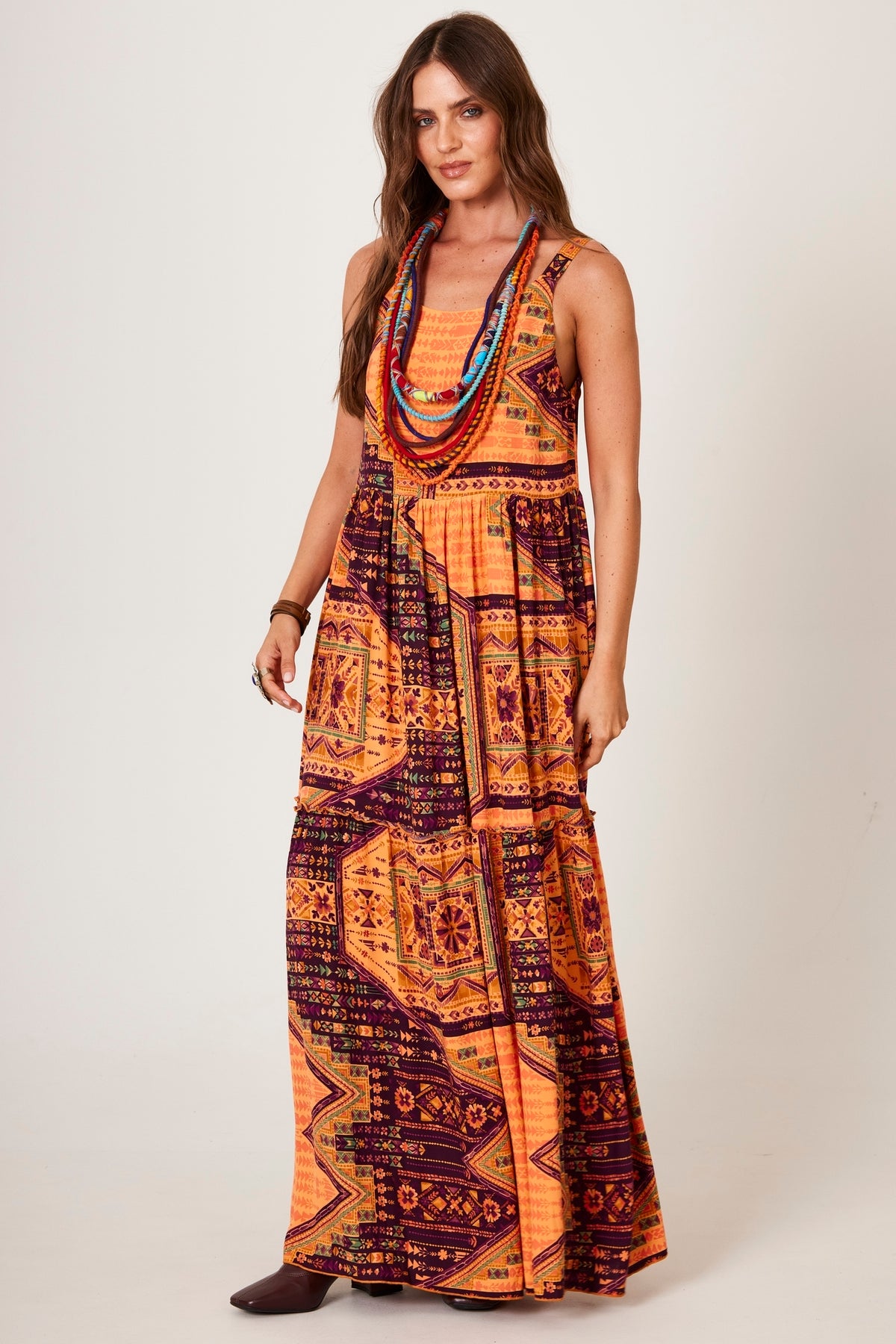 Orange Yacamim E1 Geometric Print Wide Strap Long Dress