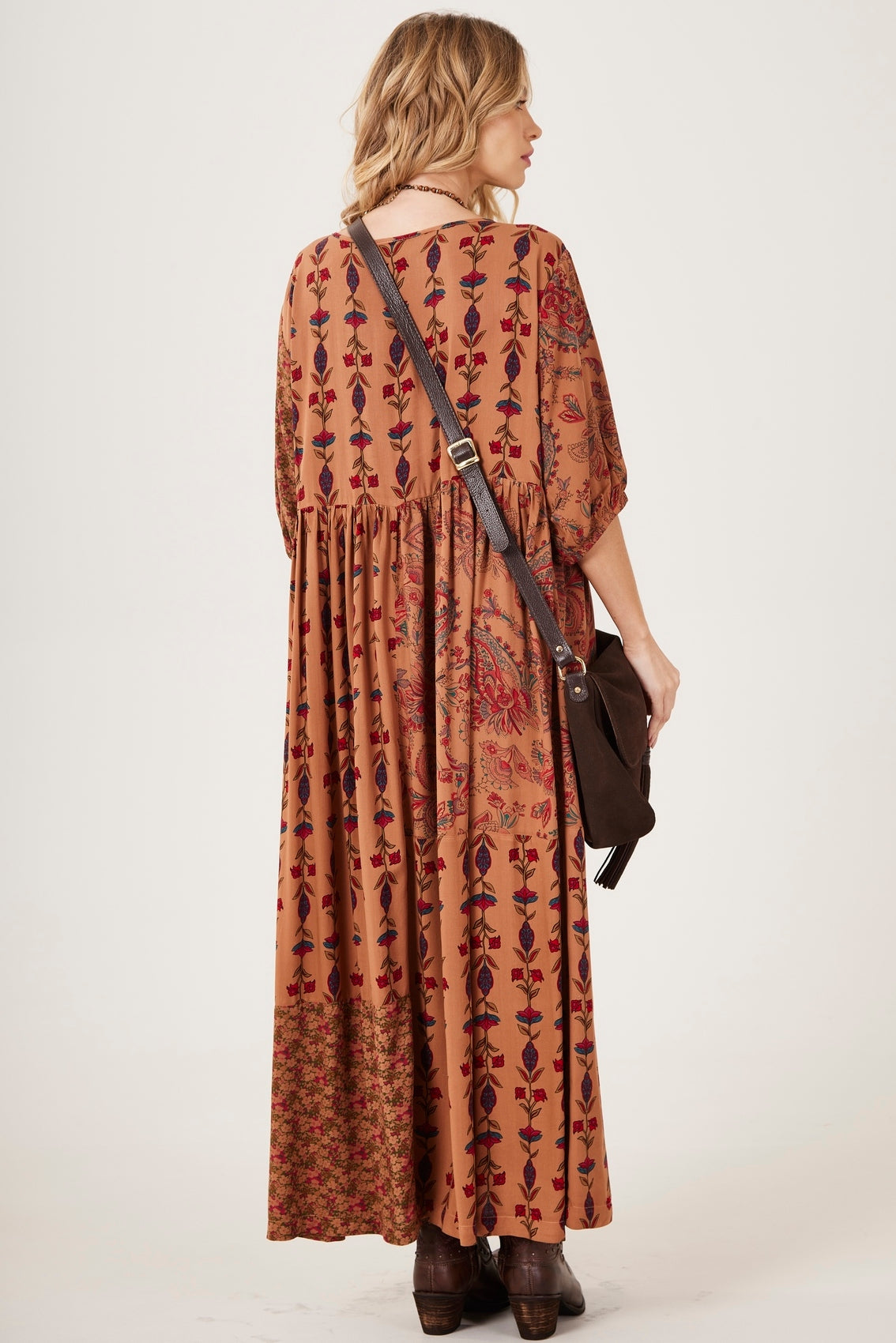 Yacamim E2 Brown Patchwork Printed Long Dress