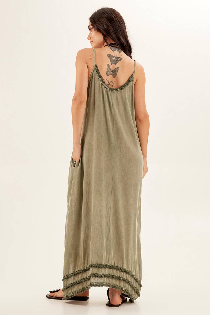 Yacamim Green Ruffled Strap Maxi Dress