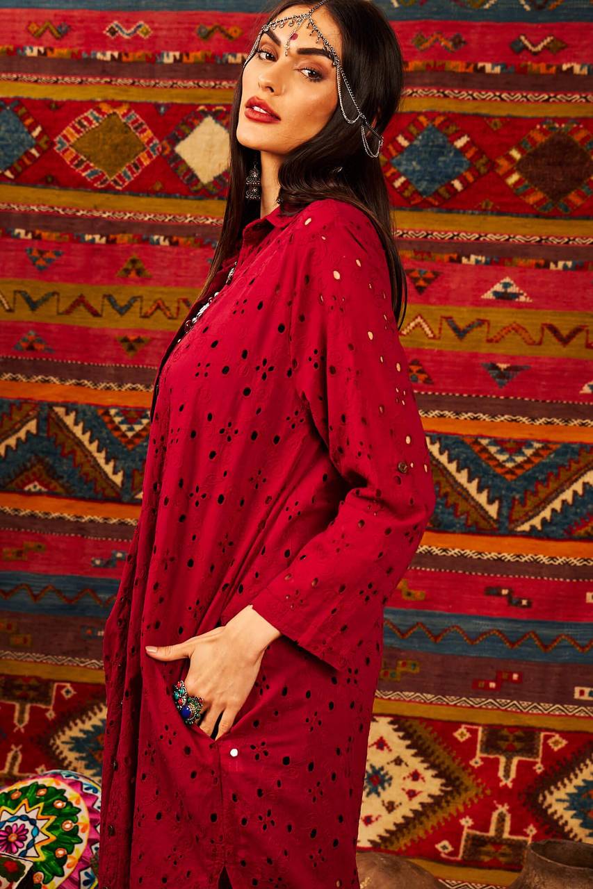 Yacamim Wine Broderie Midi Shirt with Rolled Sleeves