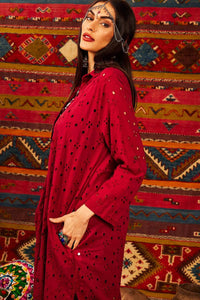 Yacamim Wine Broderie Midi Shirt with Rolled Sleeves